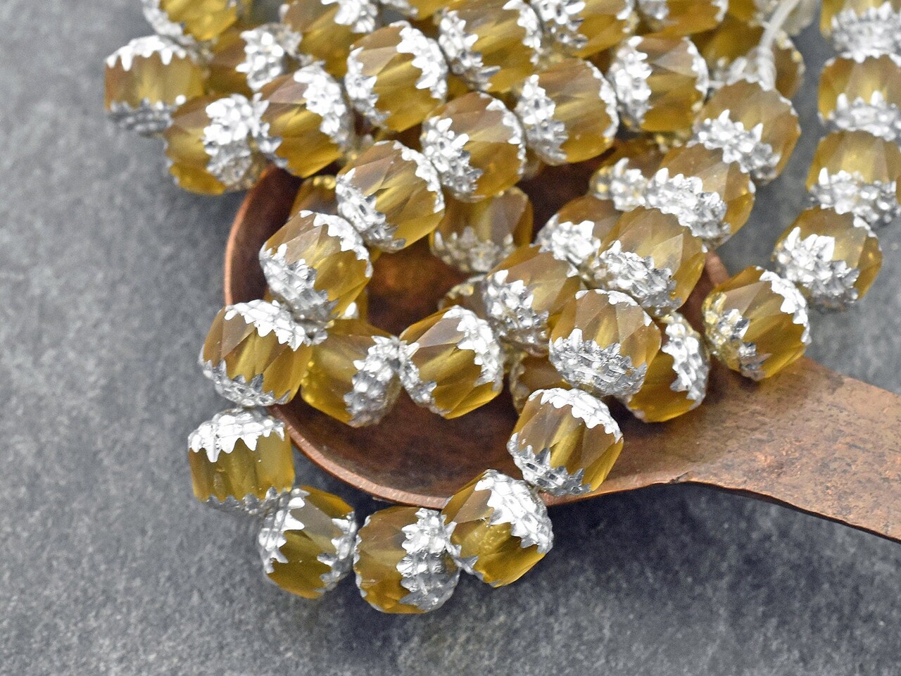 *15* 8mm Silver Washed Yellow Topaz Fire Polished Cathedral Beads